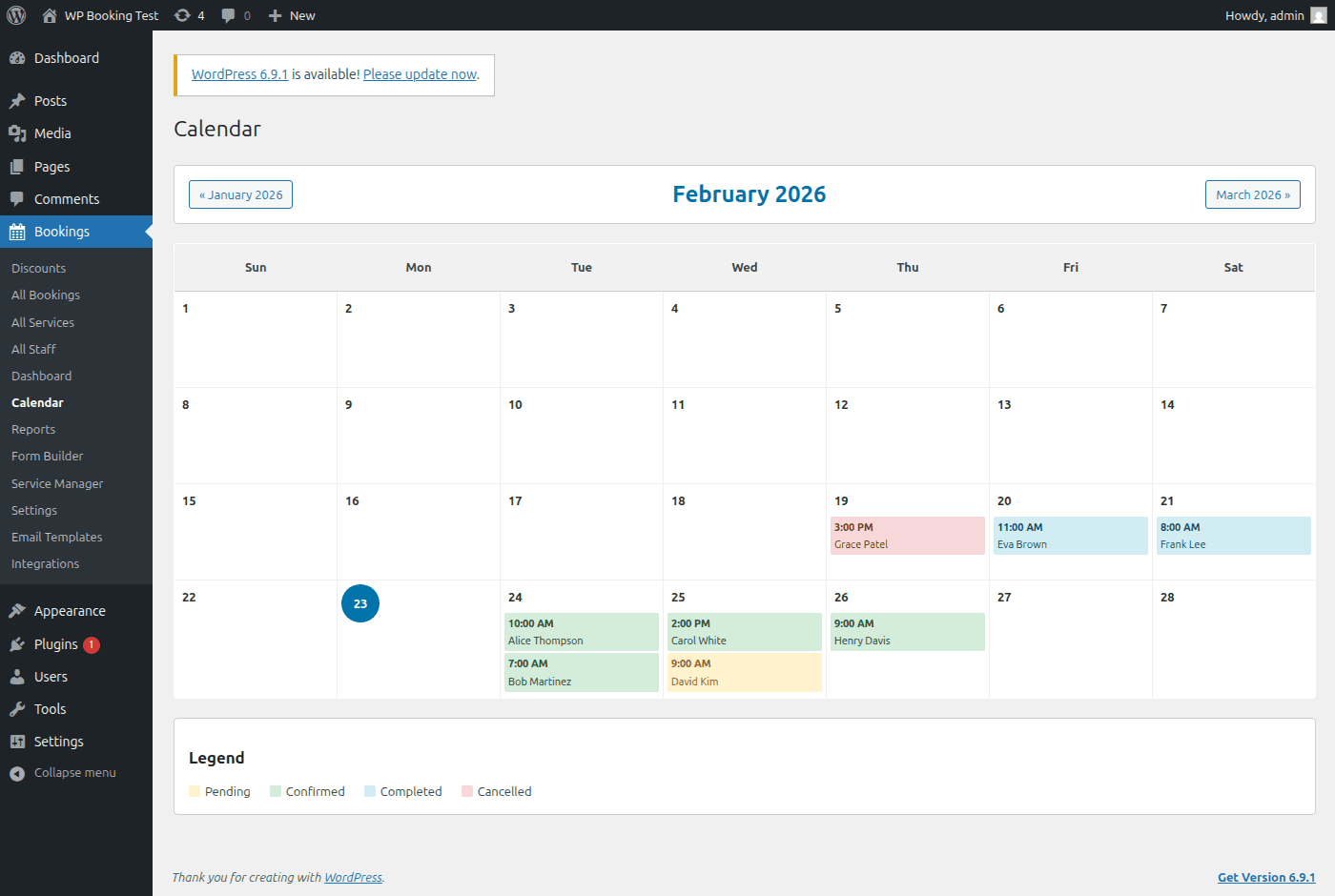 WP Booking System Pro admin calendar view showing color-coded bookings across a monthly grid