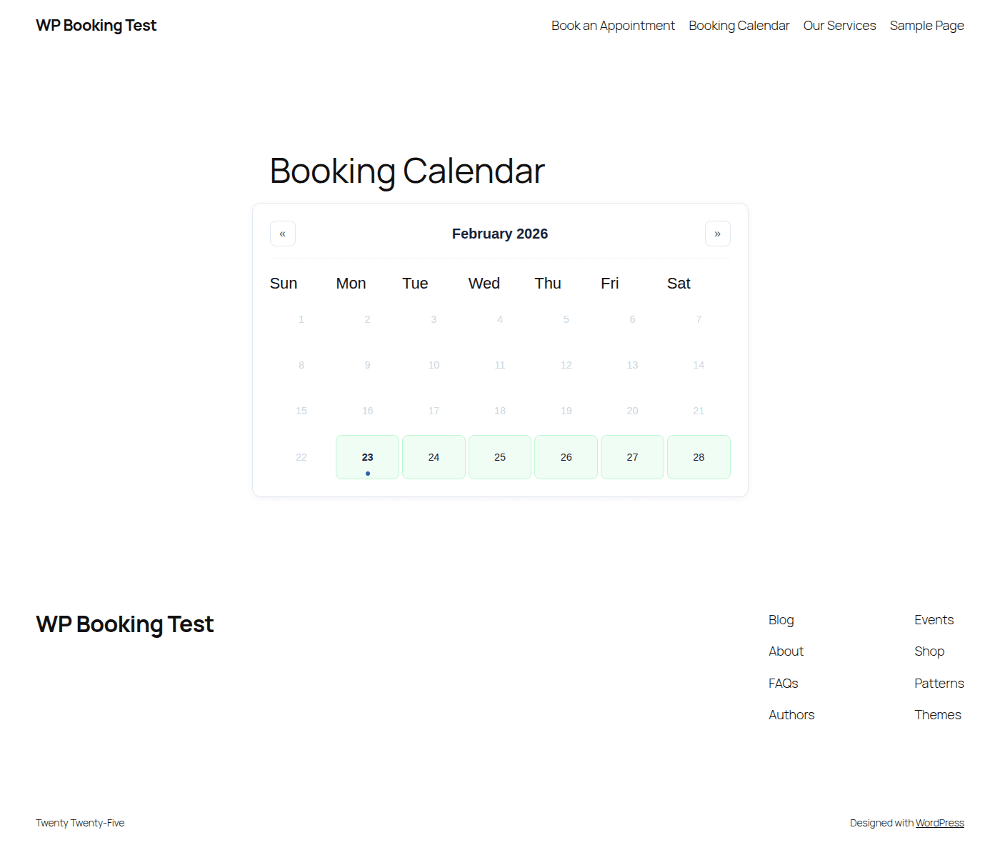 Public-facing booking calendar embedded on a WordPress page showing available and booked time slots