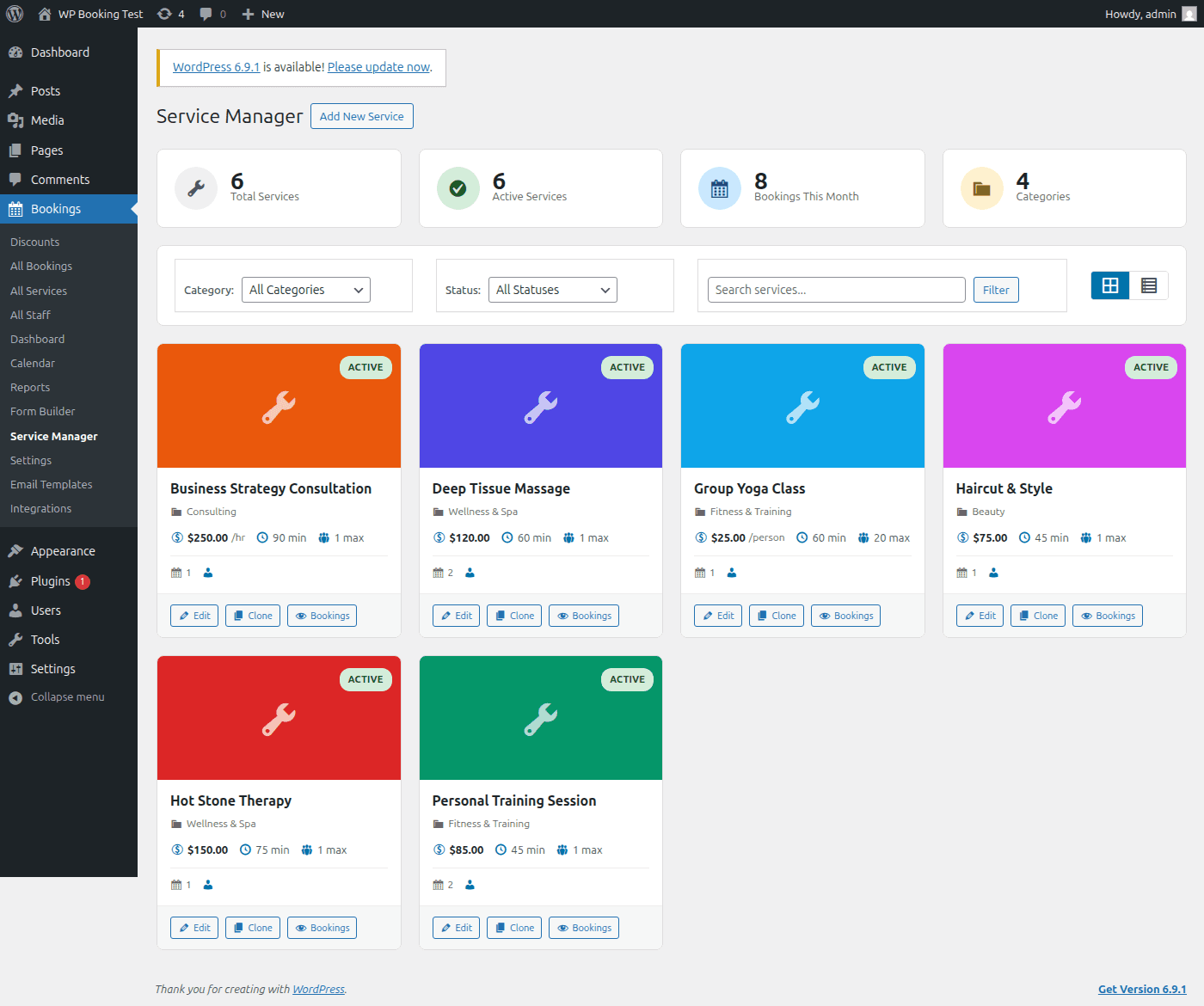 WP Booking System Pro service manager overview page showing service list and management controls