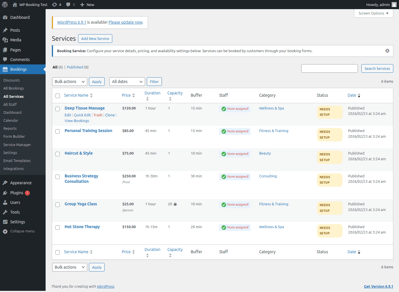 WP Booking System Pro services list view showing columns for name, category, duration, price, capacity, status, and action buttons