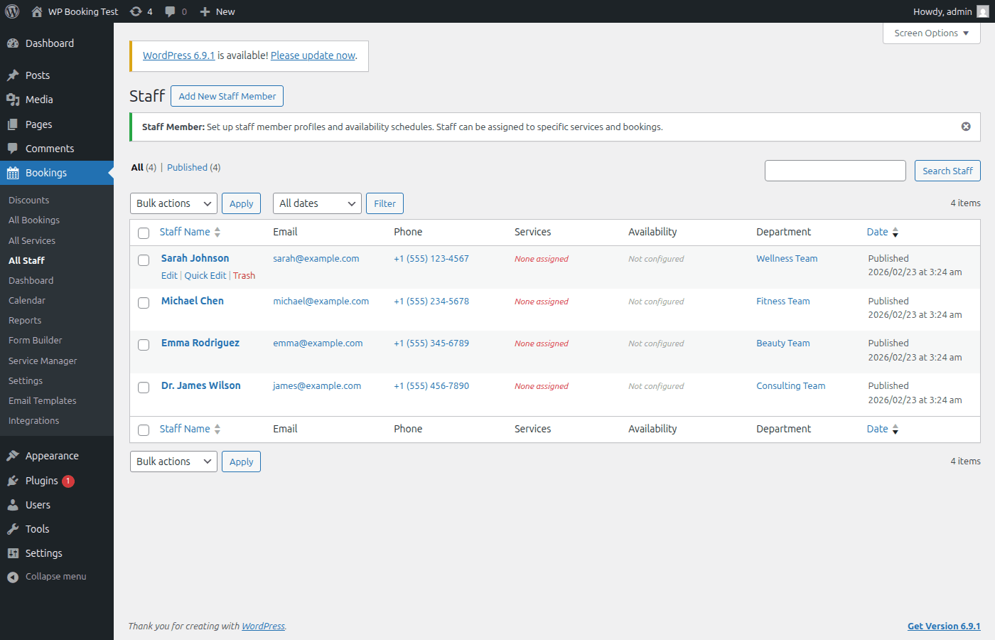 Staff list view showing all staff members with availability columns, assigned services, and department tags